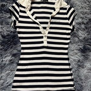 bebe Black and White Striped Polo Shirt